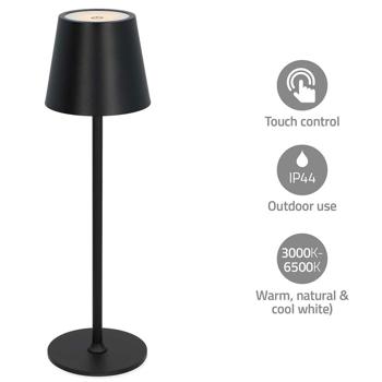 Preview: Premium LED Tischlampe Akkubetrieben Schwarz – Touch-Dimmer, IP44, Outdoor & Indoor, Stilvoll & Praktisch
