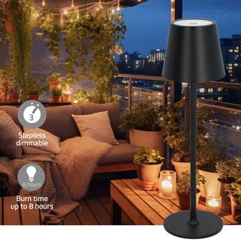 Preview: Premium LED Tischlampe Akkubetrieben Schwarz – Touch-Dimmer, IP44, Outdoor & Indoor, Stilvoll & Praktisch