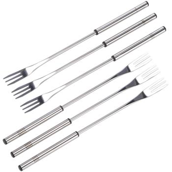Preview: 6 Fondue-Gabeln aus Edelstahl-Set - Für Käse-, Fleisch- & Gemüsefondue - Spülmaschinenfest, 3 Zinken, hitzebeständig, Strichcodierung - 26.5 cm lang