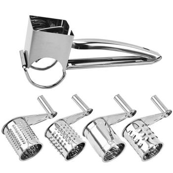 Preview: Manuelle Käse- & Küchenreibe Edelstahl - Inkl. 4 Aufsätzen für Käse, Nüsse, Schokolade - Spülmaschinenfest - Rostfrei - Langlebig & Robust