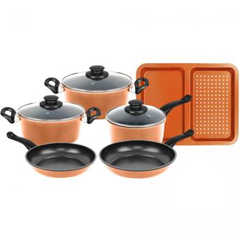 Preview: Kochtopf-Set 9-teilig mit Glasdeckel - Backblech inklusive, ultra-antihaftbeschichtet, PFOA/Blei/Cadmium frei - Für alle Herde - Kupfer/Schwarz