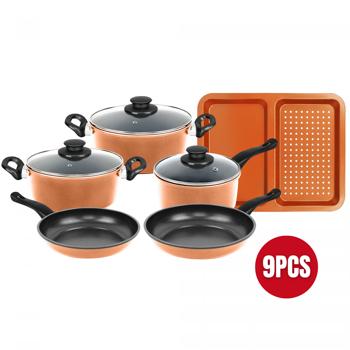 Preview: Kochtopf-Set 9-teilig mit Glasdeckel - Backblech inklusive, ultra-antihaftbeschichtet, PFOA/Blei/Cadmium frei - Für alle Herde - Kupfer/Schwarz