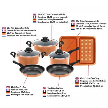 Preview: Kochtopf-Set 9-teilig mit Glasdeckel - Backblech inklusive, ultra-antihaftbeschichtet, PFOA/Blei/Cadmium frei - Für alle Herde - Kupfer/Schwarz