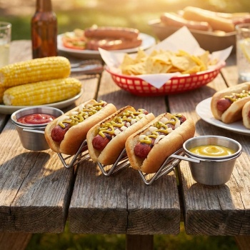 Preview: Taco- und Sandwich Halter - 2 Saucenschalen & 3er Ständer - Edelstahl, ofen- & grillgeeignet bis 260°C, spülmaschinenfest - 28.5x6.3x4cm