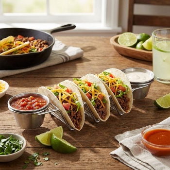 Taco- und Sandwich Halter - 2 Saucenschalen & 3er Ständer - Edelstahl, ofen- & grillgeeignet bis 260°C, spülmaschinenfest - 28.5x6.3x4cm