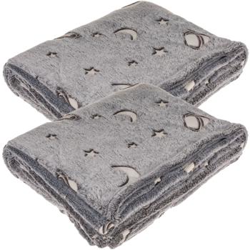 2er-Set Kuscheldecke Fleece grau - Leuchtplaneten Glow-in-the-Dark, ideal als Nachtlicht & Geschenkbox - 135x173 cm, waschbar 30°C