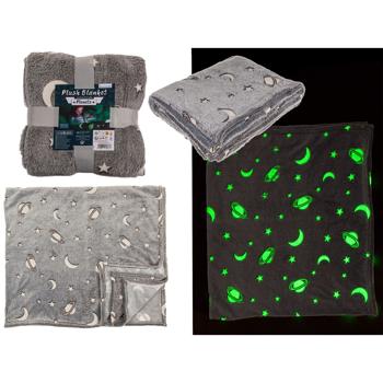 Preview: 2er-Set Kuscheldecke Fleece grau - Leuchtplaneten Glow-in-the-Dark, ideal als Nachtlicht & Geschenkbox - 135x173 cm, waschbar 30°C