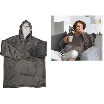 Preview: XXL Superflauschige Kuscheldecke mit Ärmeln, Kapuze & Bauchtasche, grau, Gemütlichkeit für kalte Tage & Ideal für Fernsehabende & mehr