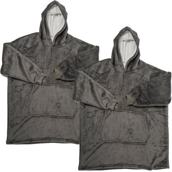 2er-Set XXL Superflauschige Kuscheldecke mit Ärmeln, Kapuze & Bauchtasche, grau, Gemütlichkeit für kalte Tage & Ideal für Fernsehabende & mehr