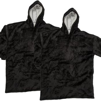 2er-Set XXL Kuscheldecke mit Ärmeln und Kapuze: schwarz, 700g, Bauchtasche - Deckenpullover, Decken Hoodie, flauschig, bequem zum anziehen