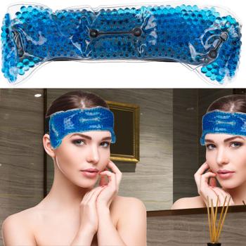 Kalt-Warm Kopf-Kompresse mit Gelfüllung, blau - Schmerzlinderung & Beauty-Behandlung - Elastisches Band, bis -18°C weich, 32x9.5cm