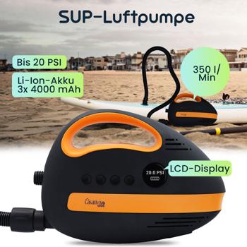 Preview: Ultimative Akku-SUP-Luftpumpe: 20 PSI, 350 L/Min, USB, 12V – Kompakte, tragbare Hochleistungs-Pumpe für Boards