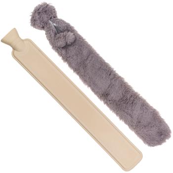 Nacken-Wärmflasche extralang - 2 Liter Fassungsvermögen - Kunstfell-Bezug Grau abnehmbar für Nacken, Schultern, Bauch & Rücken - 73 x 12 cm