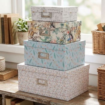 Geschenk- & Aufbewahrungsboxen 4er-Set - bunte Muster, versch. Grössen - Ordnung & Freude - Beschriftungsfenster - Karton - wiederverwendbar