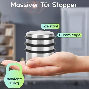 Preview: Massiver Tür Stopper aus Edelstahl mit Anti-Rutsch-Boden und Gummiringen, 1300 g, schwer und rutschfest, ohne Bohren