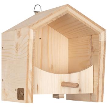 Preview: Nachhaltiges Fichtenholz Vogel-Futterhaus mit Sitzstange - in einer sozialen Einrichtung handgefertigt - Exzellente Verarbeitung für langanhaltende Freude