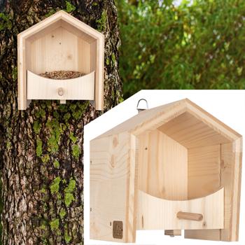 Nachhaltiges Fichtenholz Vogel-Futterhaus mit Sitzstange - in einer sozialen Einrichtung handgefertigt - Exzellente Verarbeitung für langanhaltende Freude