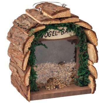 Preview: Futterstelle Vogelbar aus Holz - 16x10x16cm - schützt Futter vor Feuchtigkeit/Schmutz - einfache Befüllung mit Aufhänger - für Rotkehlchen Finken Sperlinge