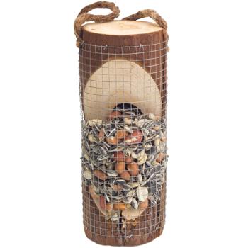Preview: Vogelfuttersäule aus Naturholz - Sicherer Futterplatz für Wildvögel im Garten - 20xØ8cm, FSC-zertifiziert, mit Drahtnetz & Aufhängevorrichtung