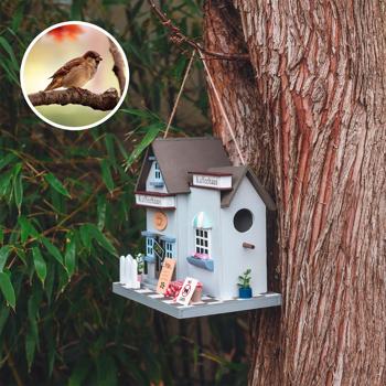 Preview: Nisthilfe Vogelhaus in Kaffeehaus-Optik Holz - Brutplatz für Haussperlinge & Trauerschnäpper - Winterquartier - 3.6 cm Einflugloch - MDF - zum Aufhängen/Hinstellen