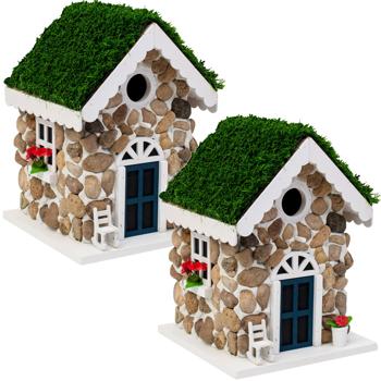 2er-Set Nisthilfe, Steinhäuschen-Optik, echte Steine & Kunstrasen – Vogelhaus für Meisen & Trauerschnäpper, detailreiche Dekoration