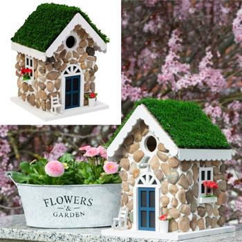 Preview: 2er-Set Nisthilfe, Steinhäuschen-Optik, echte Steine & Kunstrasen – Vogelhaus für Meisen & Trauerschnäpper, detailreiche Dekoration