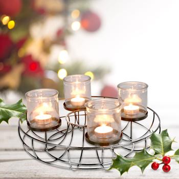 Adventskranz Drahtgeflecht - inkl. 4 Windlichtern aus Glas, Ø 35 cm - Individuell gestaltbar, nachhaltige Weihnachtsdeko für Ihr Zuhause