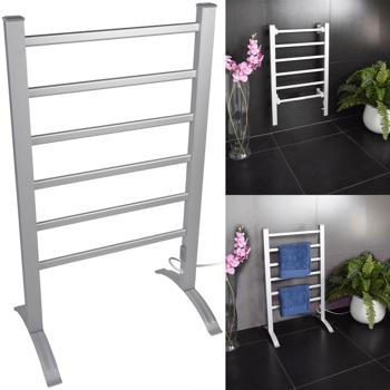 Preview: Elektrischer Handtuchtrockner aus Aluminium, weiss, 100 Watt, mit 6 Heizstäben, Inklusive Fussstütze und Wandhalterung, für wohlige wärme