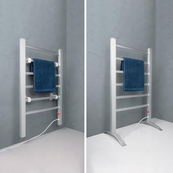 Preview: Elektrischer Handtuchtrockner aus Aluminium, weiss, 100 Watt, mit 6 Heizstäben, Inklusive Fussstütze und Wandhalterung, für wohlige wärme