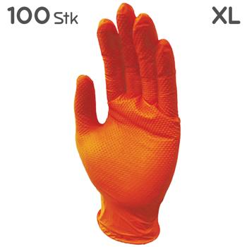 Preview: Nitrilkautschuk Handschuhe 100 Stk. XL - Orange Einweghandschuhe mit Diamantenstruktur für sicheren Grip - Stabil, elastisch & lebensmittelecht