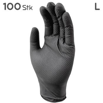 Preview: Nitrilkautschuk Handschuhe 100 Stk. Grösse L - Stabil & Elastisch für sicheren Halt - Einweghandschuhe mit Gripstruktur, Lebensmittelkontakt, schwarz