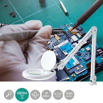 Preview: Helle LED-Lupenleuchte, 685 Lumen, 1,75x Vergrößerung, Gelenkarm – 9W, 56 SMD LEDs, weiss, für Lesen, Handwerk & mehr