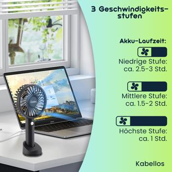 Preview: Flexibler 2in1 Hand- & Tischventilator (schwarz): Akku- & USB-Betrieb, 3 Stufen für optimale Kühlung, kompakt, tragbar & ideal für Büro, Reise & Zuhause