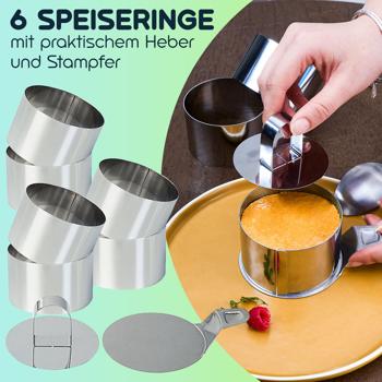 Preview: Dessert- & Speiseringe (6er-Set) Ø 8 cm mit Heber & Stampfer – Profi-Anrichtringe aus rostfreiem Edelstahl für kreative Gerichte