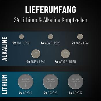 Preview: Knopfzellen-Batterie-Set Lithium & Alkaline - 24 Stück, 8 Typen für Uhren, Spielzeug, Fernbedienungen - AG1, AG3, AG4, AG10, AG13, CR2016, CR2025, CR2032