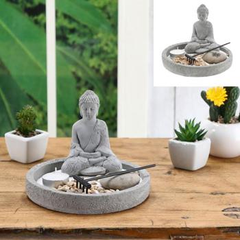 Zen-Garten-Set - 7-teilig mit Buddha-Figur & Teelichthalter - Entspannende Wohlfühlatmosphäre zuhause - Ø 18x13cm Zement Grau
