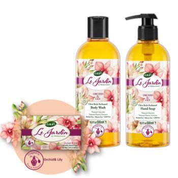 Preview: Luxus Seifenset Orchidee & Lilie – Dalan Le Jardin Naturseife - dermatologisch getestet – 100% vegan – Duschgel 500ml & Handseife 200g & Flüssigseife 500ml