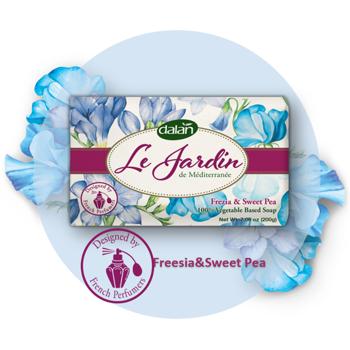 Preview: Dalan Le Jardin Luxus Handseife Blumenduft - 200g vegane Naturseife - Freesien & Platterbsenduft - dermatologisch getestet, alkoholfrei, silikonfrei, GMO-frei