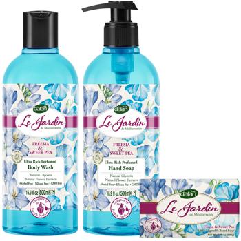 Dalan Le Jardin Luxus Seifenset - sanfte Reinigung & ausgeglichene Haut - 100% vegan - Duschgel 500ml, Handseife 200g, Flüssigseife 500ml - Freesie/Platterbse