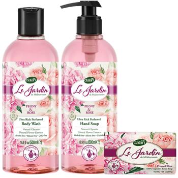 Dalan Le Jardin Luxus Seifenset Rosenduft – Duschgel 500ml, Handseife 200g, Flüssigseife 500ml – 100% vegan, dermatologisch getestet, biologisch abbaubar