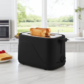 Kompakter 2-Scheiben Toaster mit 7 Röststufen und Brötchenaufsatz, 700 Watt, elegantes matt schwarz, Krümelschublade