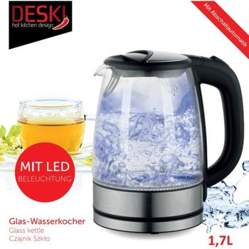 Preview: Stilvoller Wasserkocher 1,7 l, aus Glas und Edelstahl, inkl. blauer LED-Beleuchtung, Abschaltautomatik, Kabelaufbewahrung