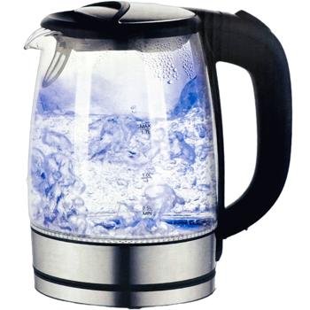 Preview: Stilvoller Wasserkocher 1,7 l, aus Glas und Edelstahl, inkl. blauer LED-Beleuchtung, Abschaltautomatik, Kabelaufbewahrung