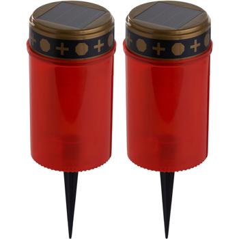 2er-Set Solar LED-Grabkerze mit Erdspiess, rot - Flackerndes Grablicht ohne Brandgefahr - Wetterfest, Batterie 1.2V 100mAh Ni-MH - Ø 7 x H 20 cm