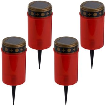 4er-Set Solar LED-Grabkerze Rot - Sicheres Grablicht mit Erdspiess - Umweltfreundlich, flackernd - Ø 7x20cm, 1x AAA Batterie - Gedenken ohne Brandgefahr