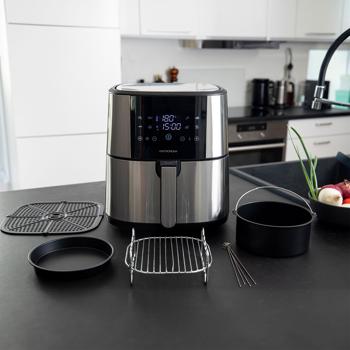 Preview: Elegante XL - 8 Liter Heissluftfritteuse: 1800W, Edelstahl, Touch LCD & umfangreiches Zubehör – Knusprige Gerichte, fettarm zubereitet