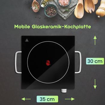 Preview: Mobile Glaskeramik-Kochplatte, Edelstahl Gehäuse u. Infrarot-Wärme, Ø 20cm, 2.000 Watt, stufenlose Temperaturregelung, tragbares Ceranfeld