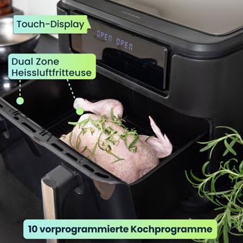 Preview: Premium XXL Heissluftfritteuse: 10 Liter, Dual-Zone, trennbarer Doppelkorb, Air Fryer mit Touch-Display, schwarz/silber – Top Leistung 2400 W