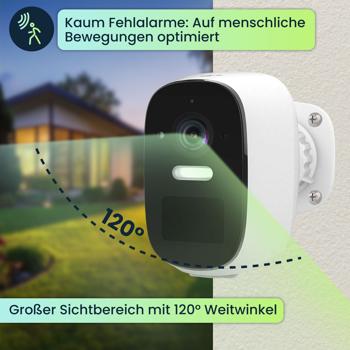 Preview: 4MP Quad HD Akku-Überwachungskamera: 120° Weitwinkel, Nachtsicht, Scheinwerfer, IP66, App – Kabellose Outdoor-Sicherheit