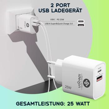 Preview: 3er-Set Dual 25Watt USB Ladegerät, 1x USB-C und USB-A, PD- & QC-Netzteil, weiss, Quick Charge für schnelles Laden von iPhone, Samsung, Huawai, Xiaomi